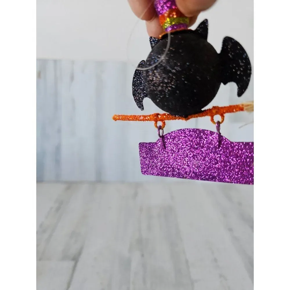 Pier 1‎ glitter owl ornament Halloween fright broom rare vintage décor